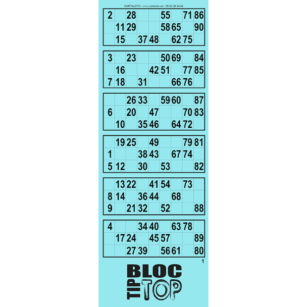 Bloc Tiptop I Carnet bingo I 125 bingo tickets I 6 grilles bingo