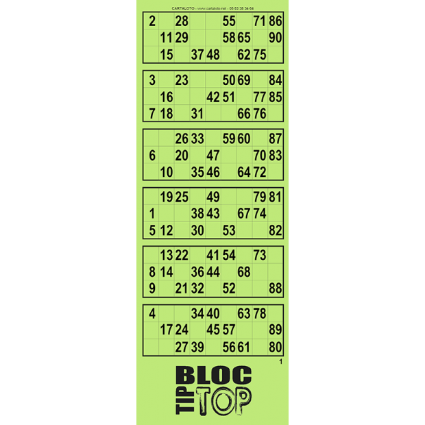 Bloc Tiptop I Carnet bingo I 125 bingo tickets I 6 grilles bingo
